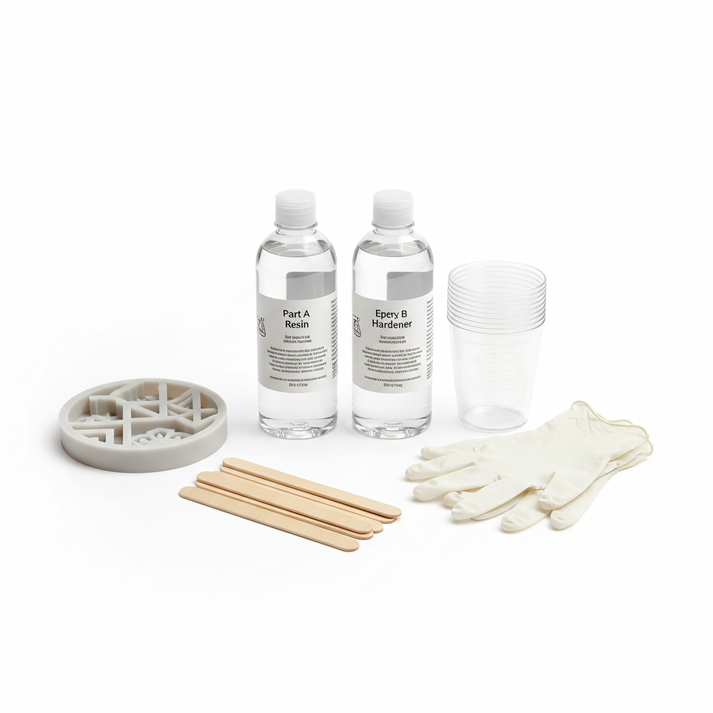 Epoxy Resin Starter Kit with molds, mixing cups, and stir sticks