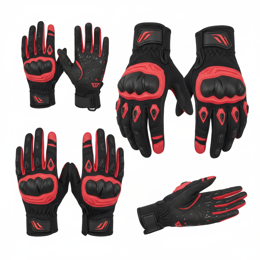 Black and red motocross dirt bike riding gloves with knuckle protection