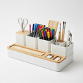 Multi-compartment desktop craft supply organizer in white and wood tones