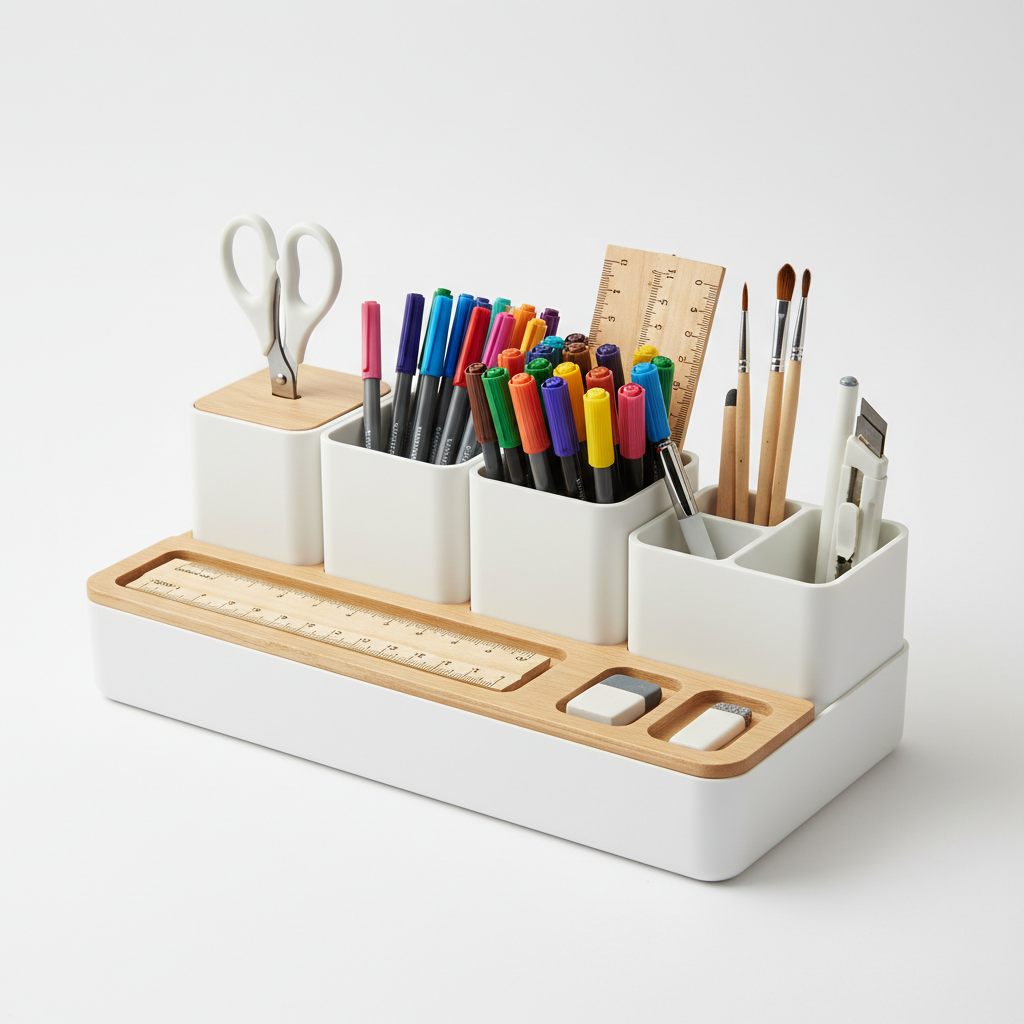 Multi-compartment desktop craft supply organizer in white and wood tones