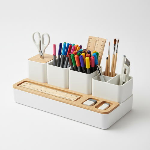 Multi-compartment desktop craft supply organizer in white and wood tones