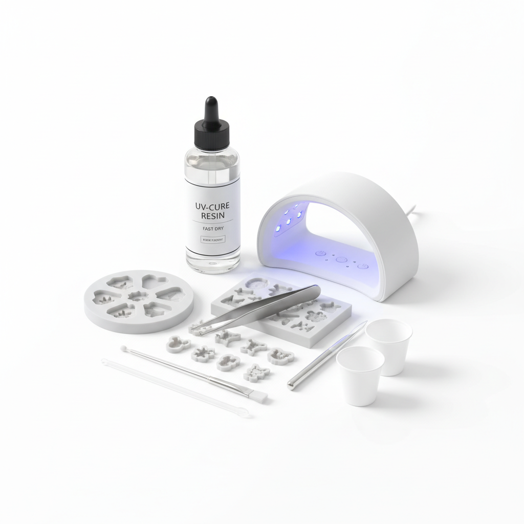 UV Resin Starter Kit with UV lamp, molds, and tools