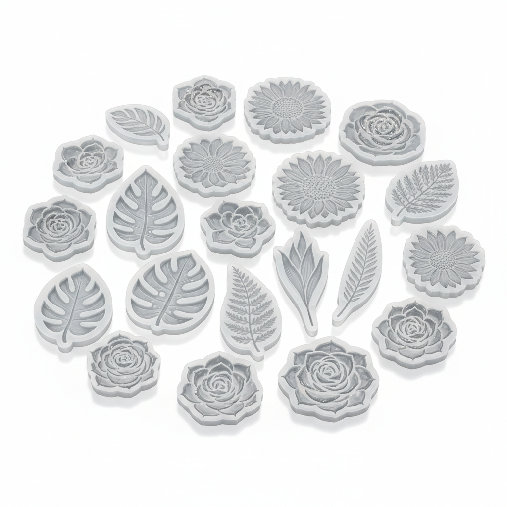 Resin flower and botanical silicone mold set with rose, leaf and succulent molds