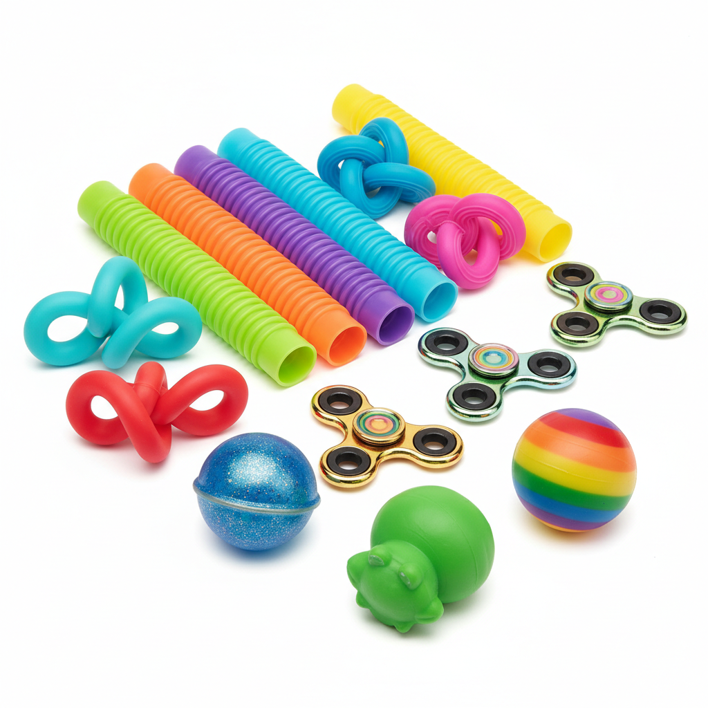 Colorful sensory fidget toy bundle with pop tubes, tangle toys, and stress balls