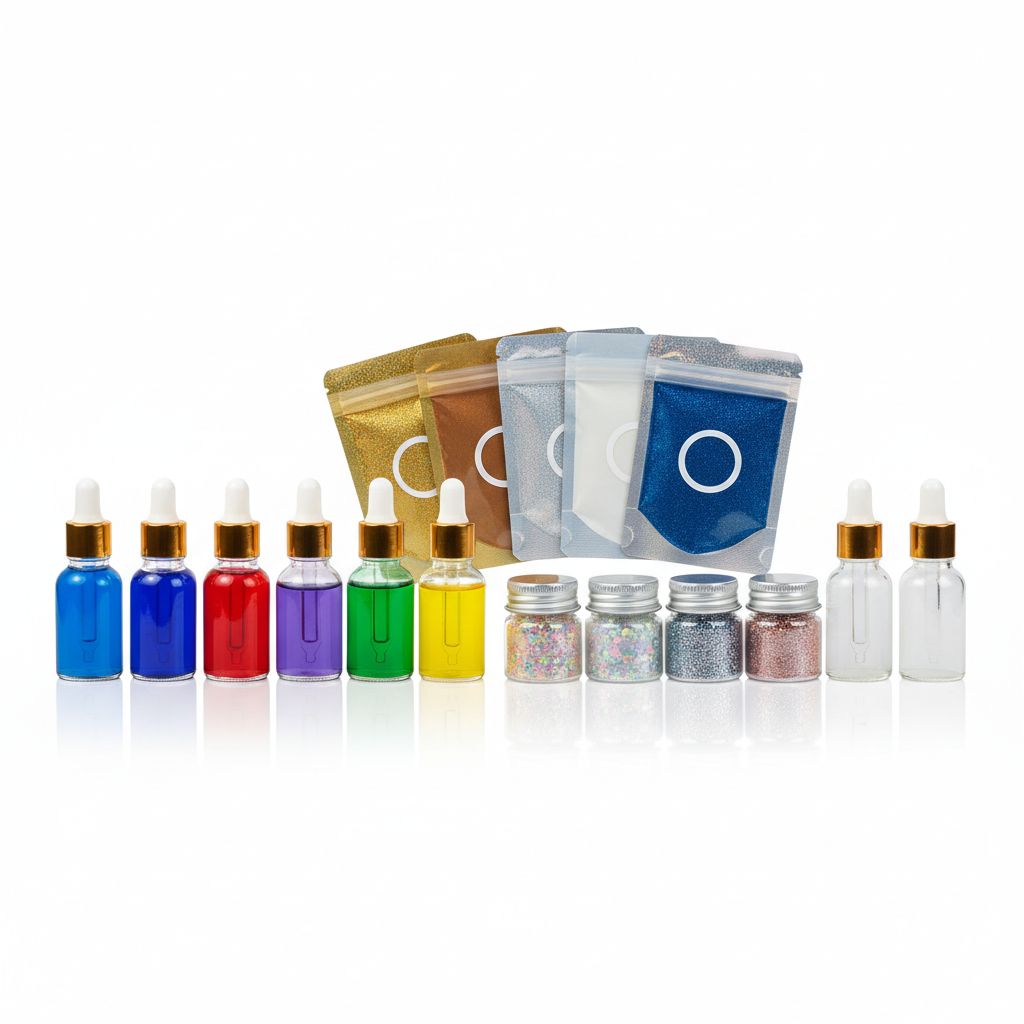 Resin pigment set with mica powders, liquid dyes, and glitter jars