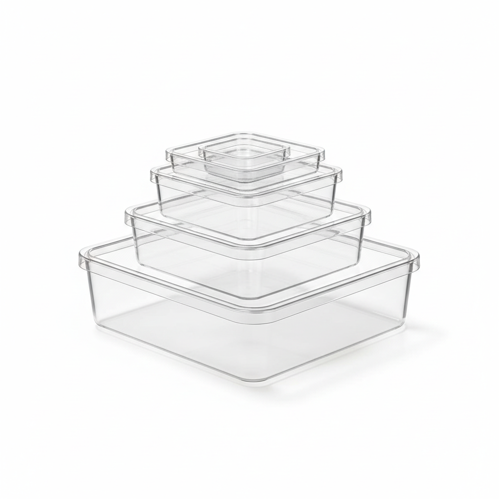 Clear stackable storage bins set in multiple sizes for home and craft room organization