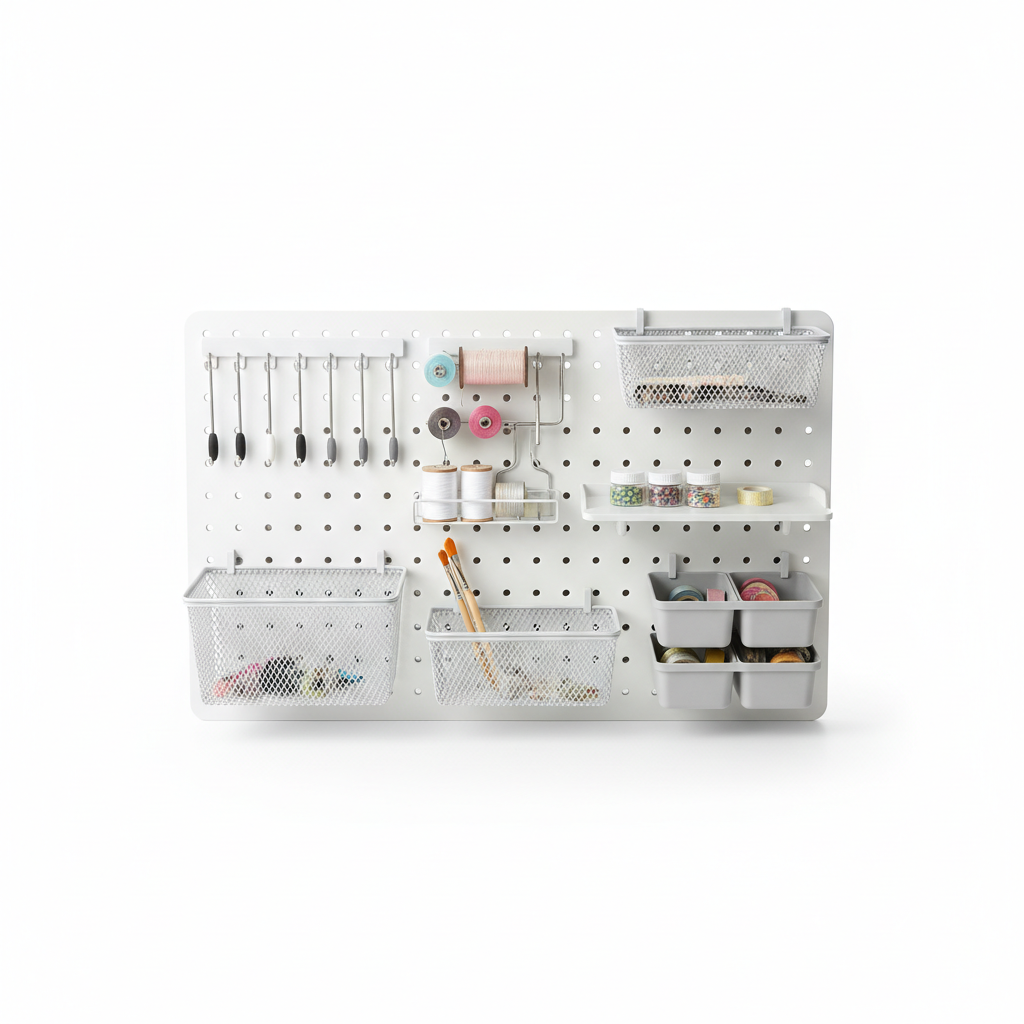 White pegboard organizer kit with hooks, baskets and shelves for craft room wall storage