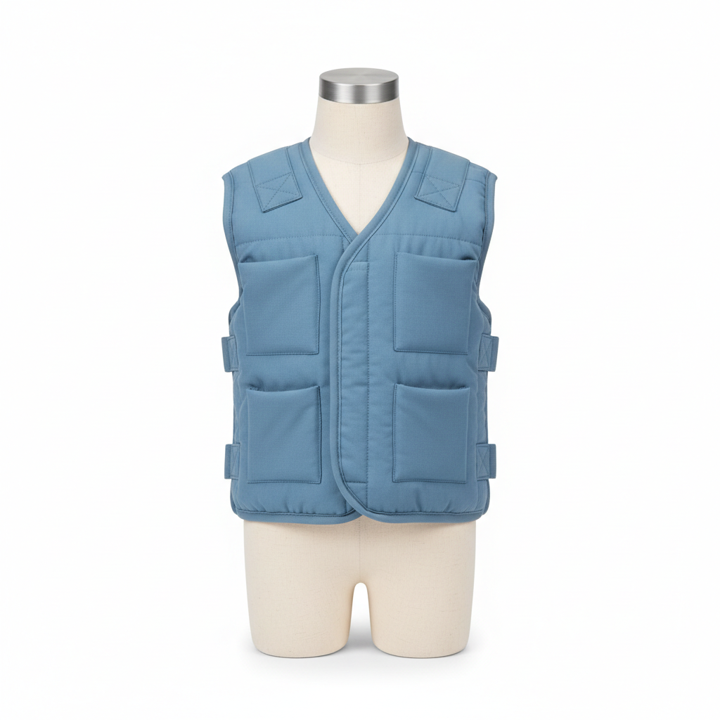 Kids weighted vest in soft blue fabric with adjustable weight pockets