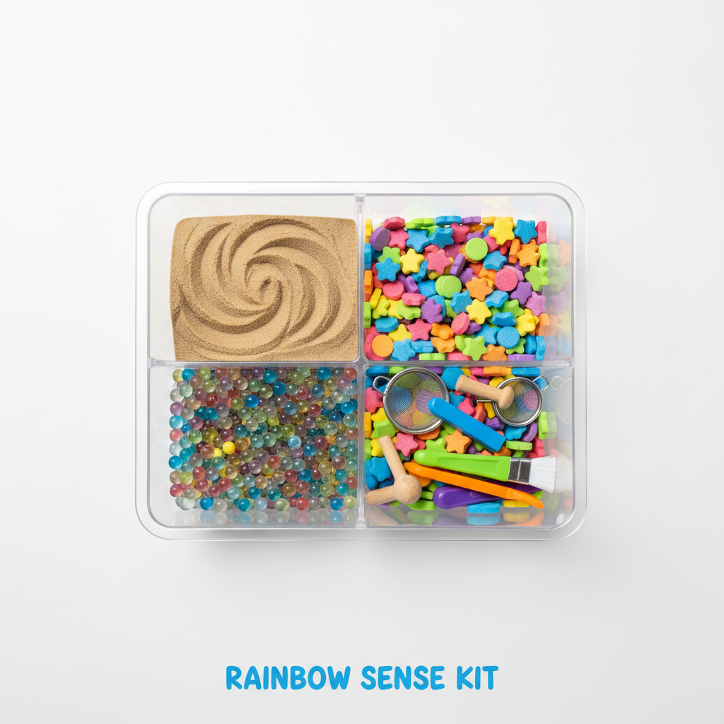 Sensory bin filler kit with kinetic sand, water beads, and foam pieces