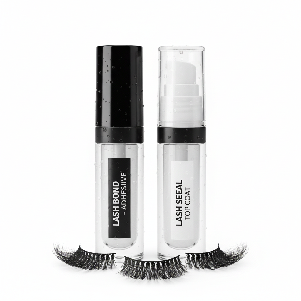 Eyelash cluster bond and seal kit with adhesive and top coat bottles